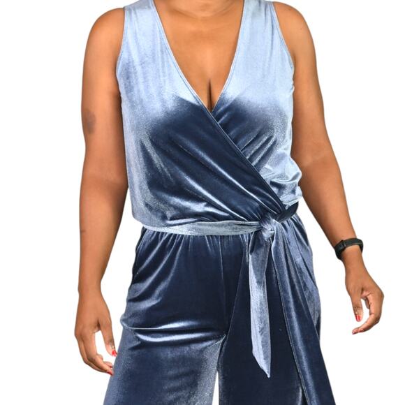 Samantha Dru Flare Jumpsuit Blue Wrap Belt Velour Velvet Wide Leg Pantsuit Small - Picture 4 of 15